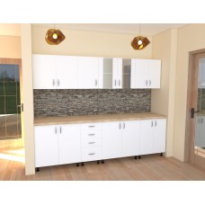 Bucatarie Alfa 2.6 metri PAL alb cu blat Artar